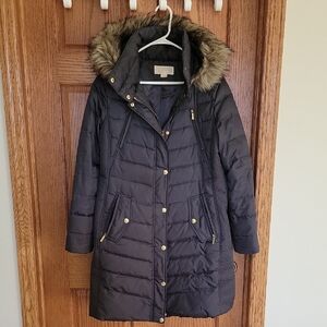 Michael Kors Dark Gray/Black Puffer Jacket with REMOVEABLE Faux Fur Trim Size L